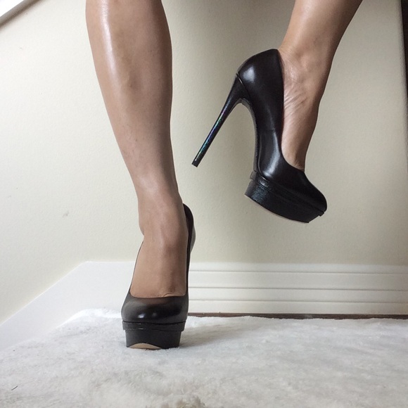 Brian Atwood Black Leather Multicolored Iridescent Platform Stiletto Pumps - Picture 5 of 12